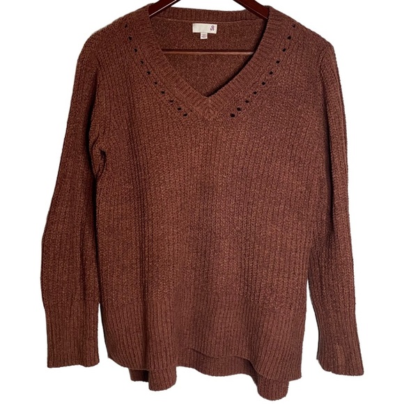 So Brown Oversized Knit Long Sleeve Sweater Split High Low Hi Lo Hem V Neck XS - Picture 1 of 15